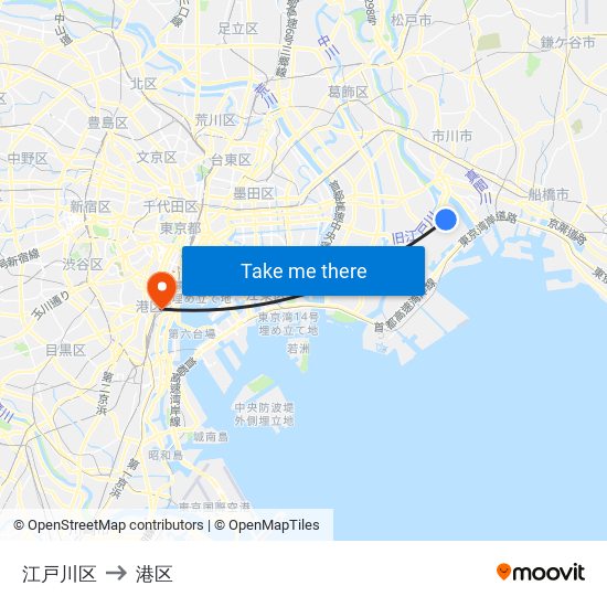 江戸川区 to 港区 map