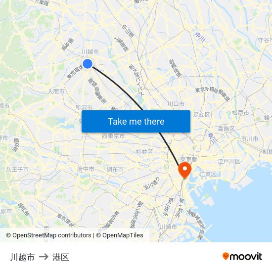 川越市 to 港区 map