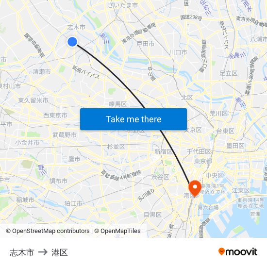 志木市 to 港区 map