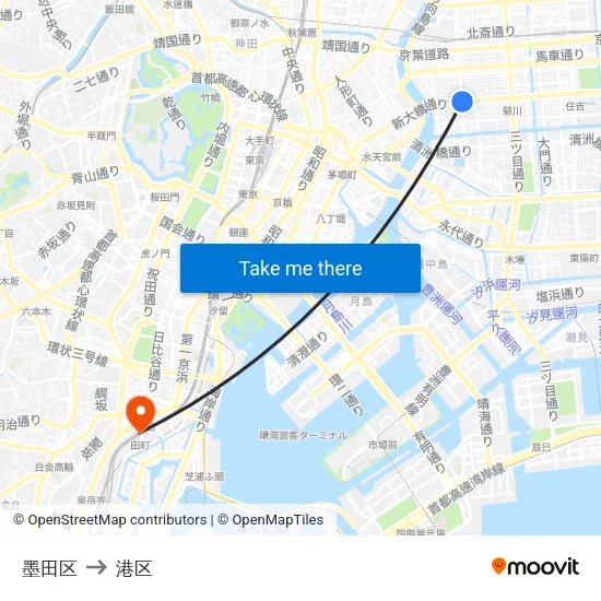 墨田区 to 港区 map