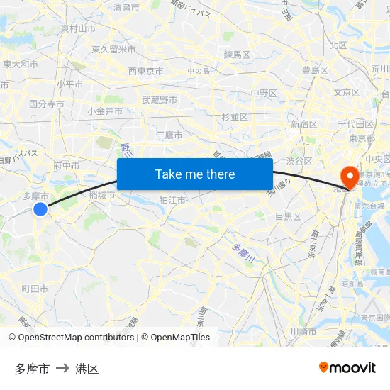 多摩市 to 港区 map