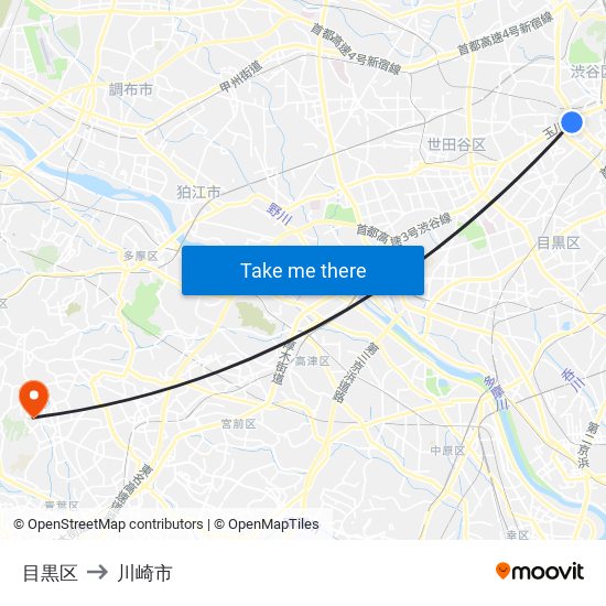 目黒区 to 川崎市 map