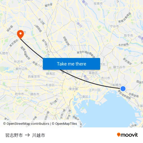習志野市 to 川越市 map
