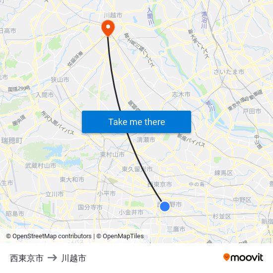 西東京市 to 川越市 map
