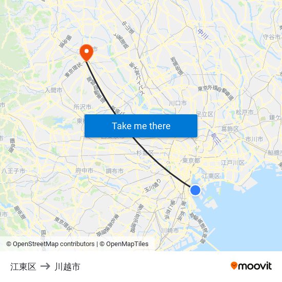 江東区 to 川越市 map