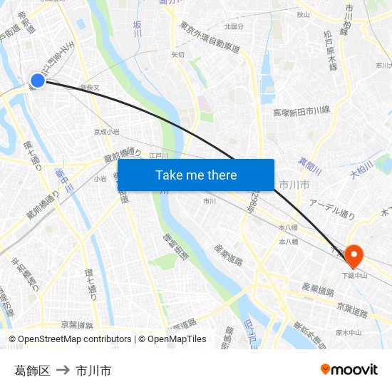葛飾区 to 市川市 map