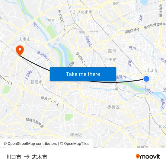 川口市 to 志木市 map