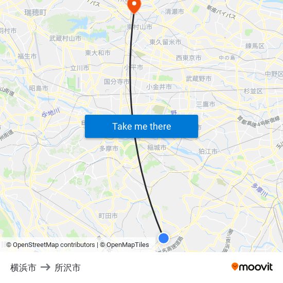 横浜市 to 所沢市 map