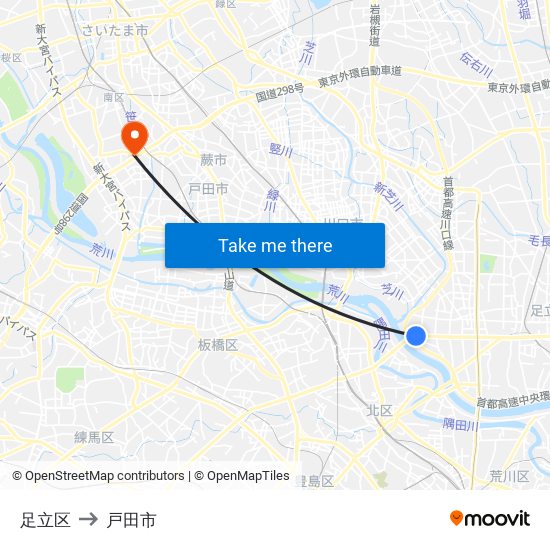 足立区 to 戸田市 map