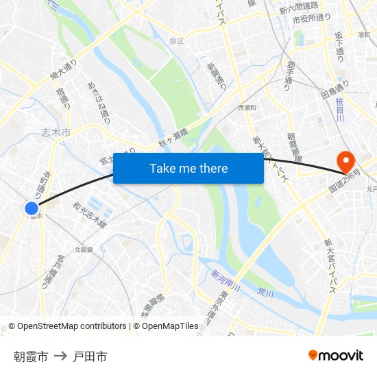 朝霞市 to 戸田市 map