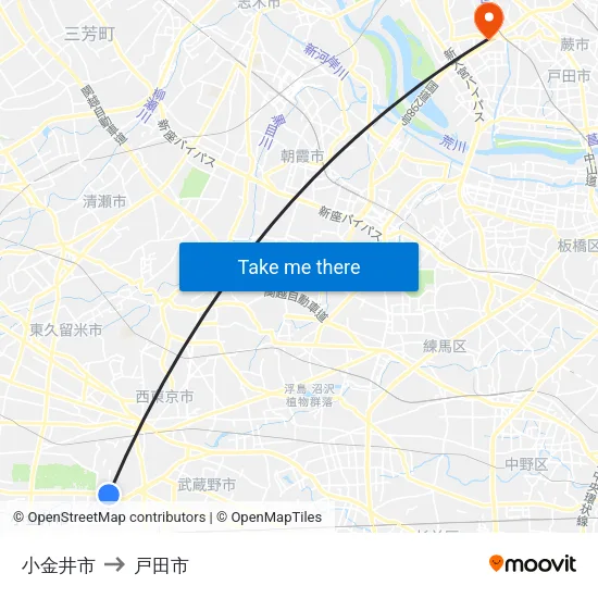 小金井市 to 戸田市 map