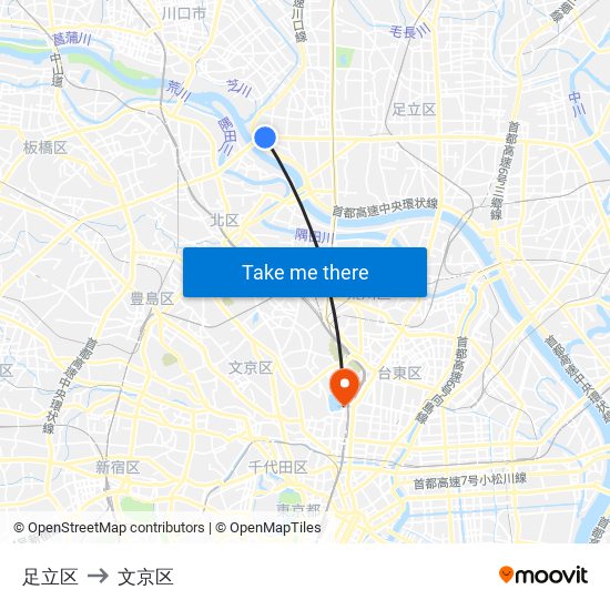 足立区 to 文京区 map