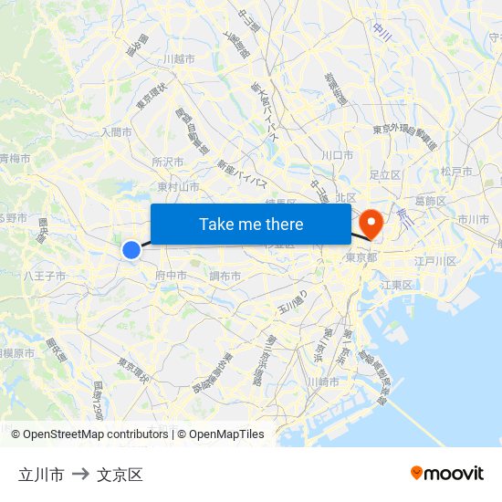 立川市 to 文京区 map