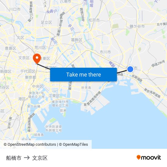 船橋市 to 文京区 map