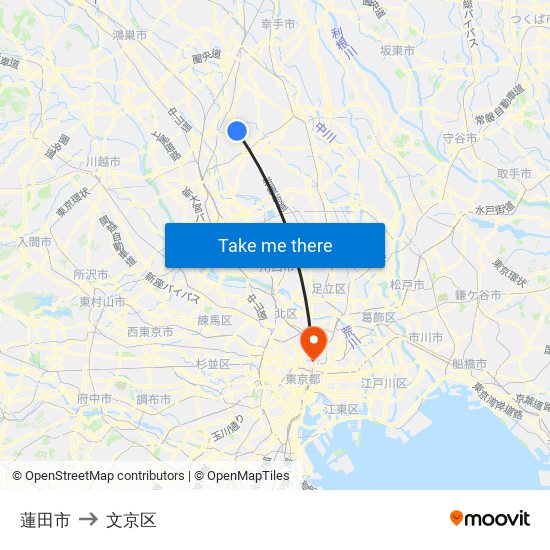 蓮田市 to 文京区 map