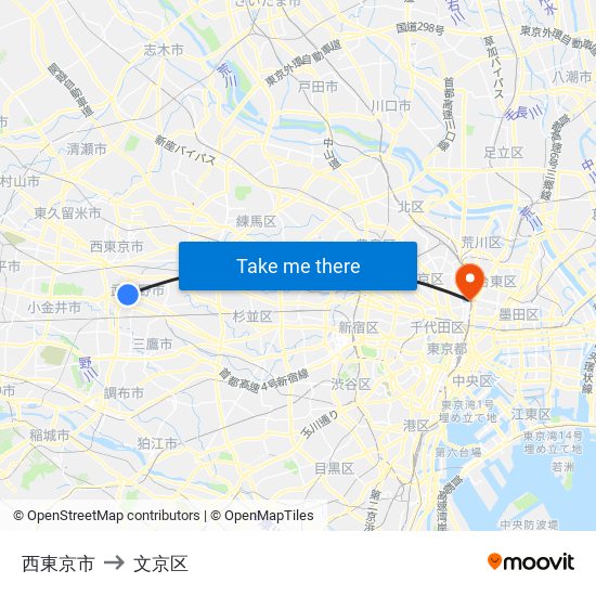 西東京市 to 文京区 map