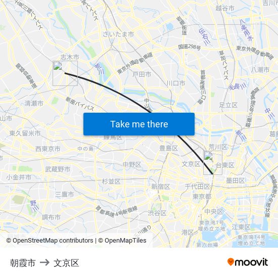 朝霞市 to 文京区 map