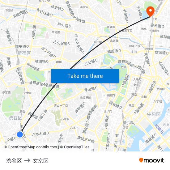 渋谷区 to 文京区 map