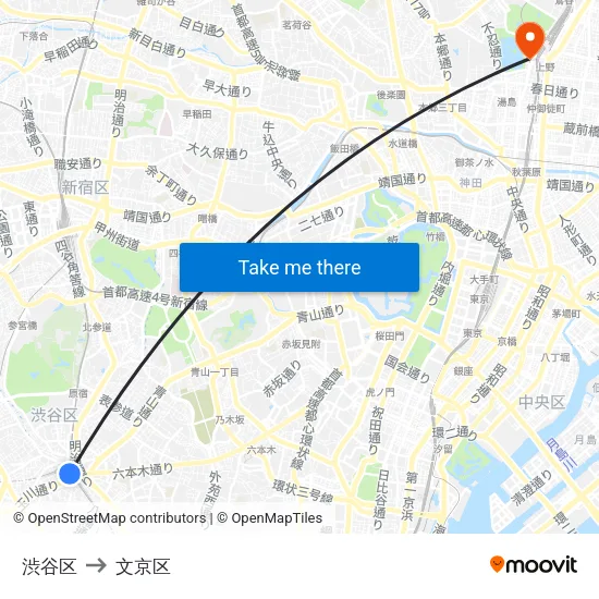 渋谷区 to 文京区 map
