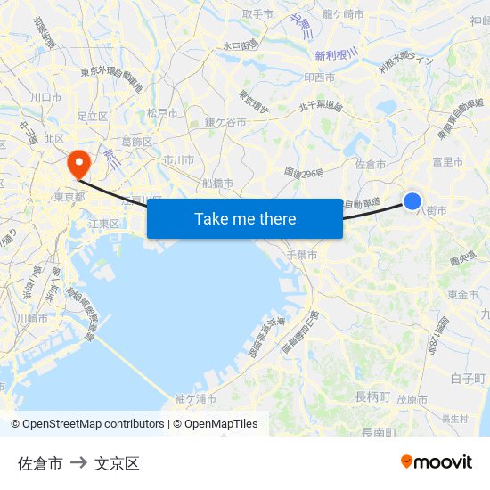 佐倉市 to 文京区 map