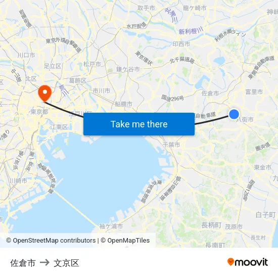 佐倉市 to 文京区 map