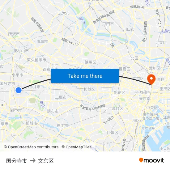 国分寺市 to 文京区 map