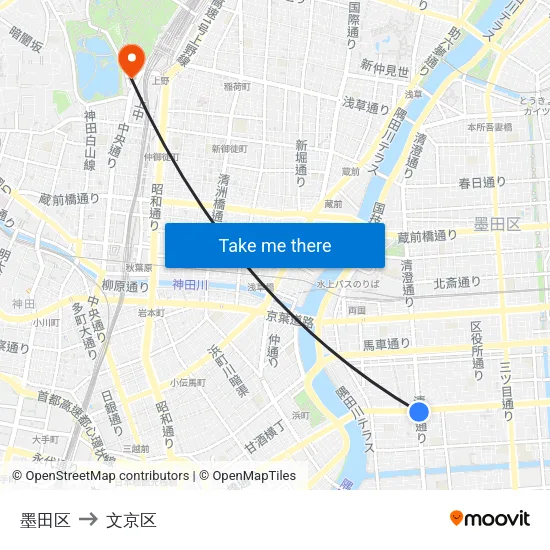 墨田区 to 文京区 map