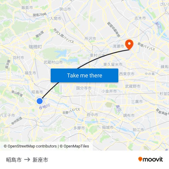 昭島市 to 新座市 map