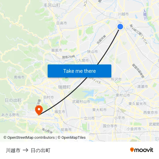 川越市 to 日の出町 map