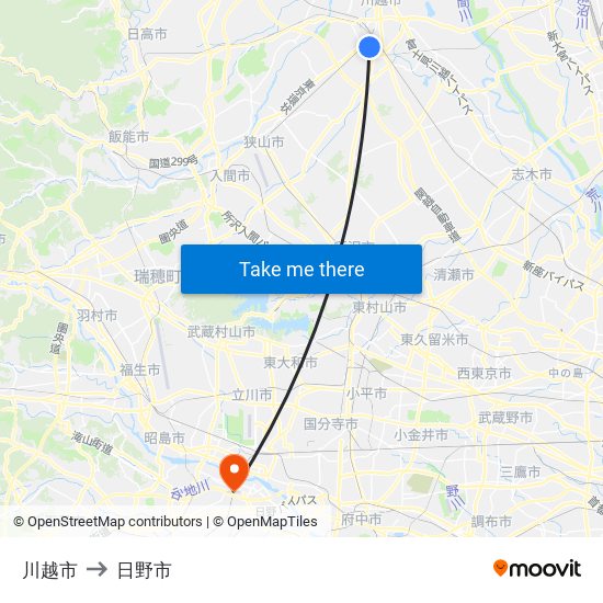 川越市 to 日野市 map