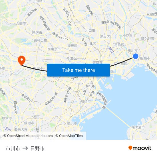 市川市 to 日野市 map