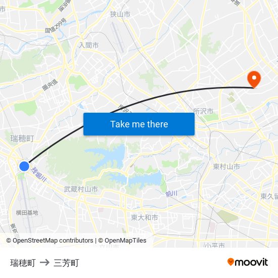 瑞穂町 to 三芳町 map