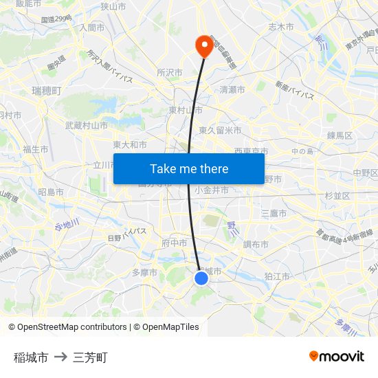 稲城市 to 三芳町 map