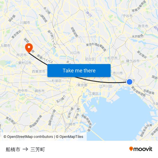 船橋市 to 三芳町 map