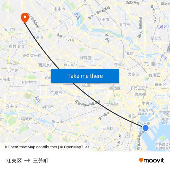江東区 to 三芳町 map