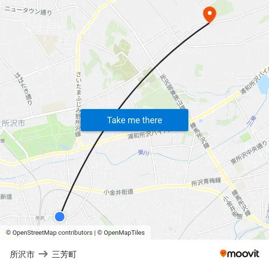 所沢市 to 三芳町 map