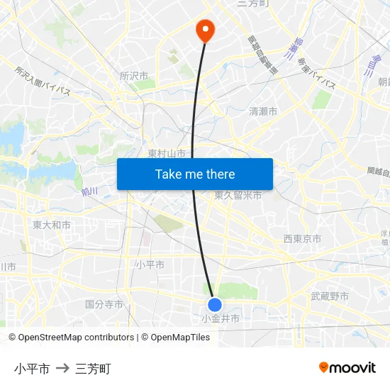 小平市 to 三芳町 map
