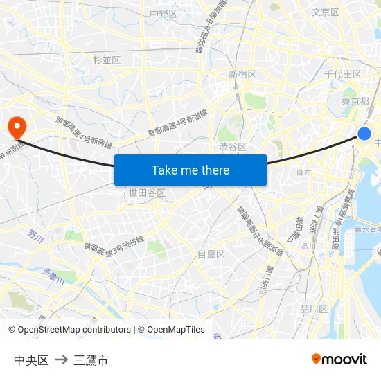 中央区 to 三鷹市 map