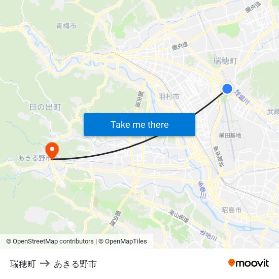 瑞穂町 to あきる野市 map