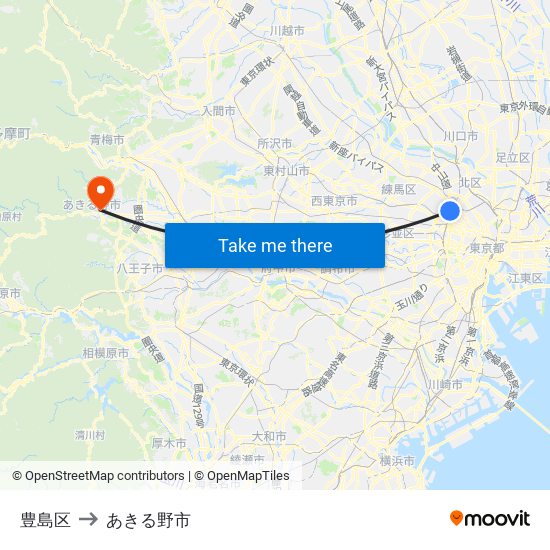豊島区 to あきる野市 map