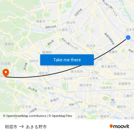 朝霞市 to あきる野市 map