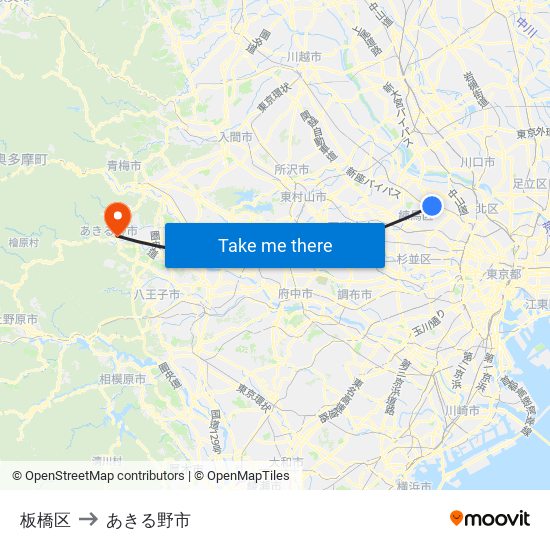 板橋区 to あきる野市 map