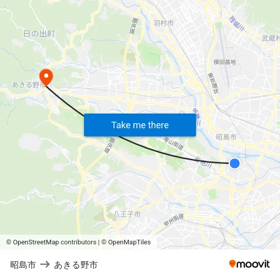 昭島市 to あきる野市 map