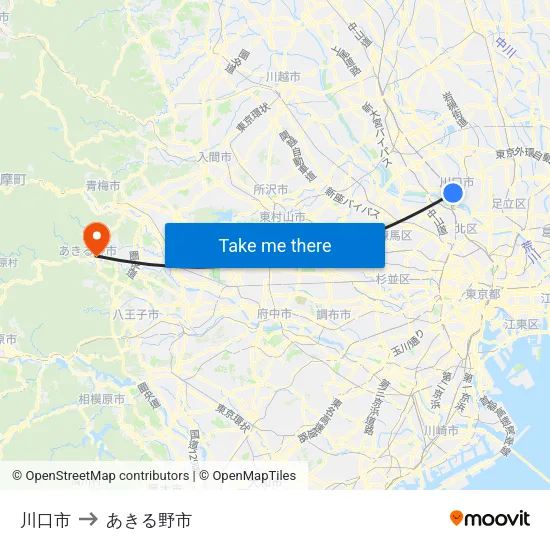 川口市 to あきる野市 map