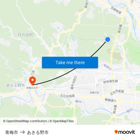 青梅市 to あきる野市 map