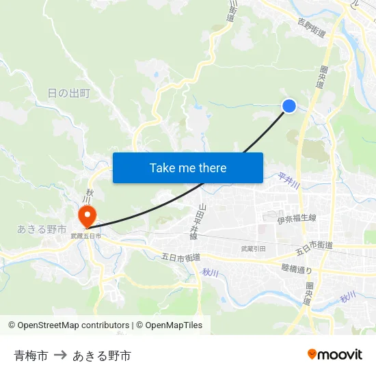 青梅市 to あきる野市 map