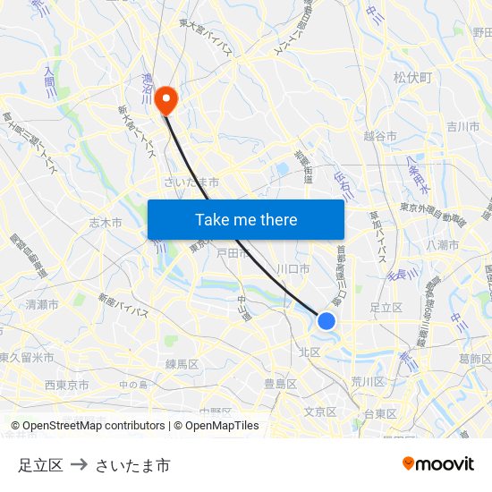 足立区 to さいたま市 map