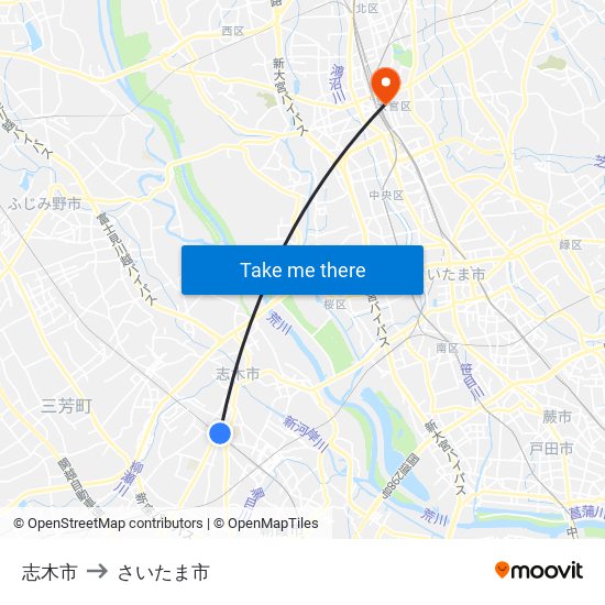 志木市 to さいたま市 map