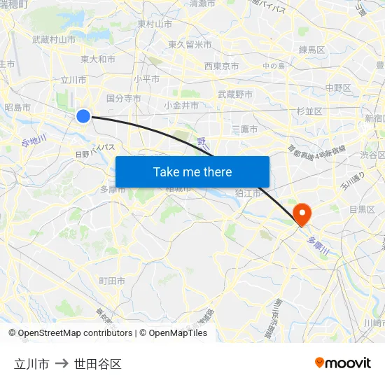 立川市 to 世田谷区 map