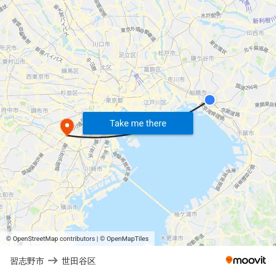 習志野市 to 世田谷区 map